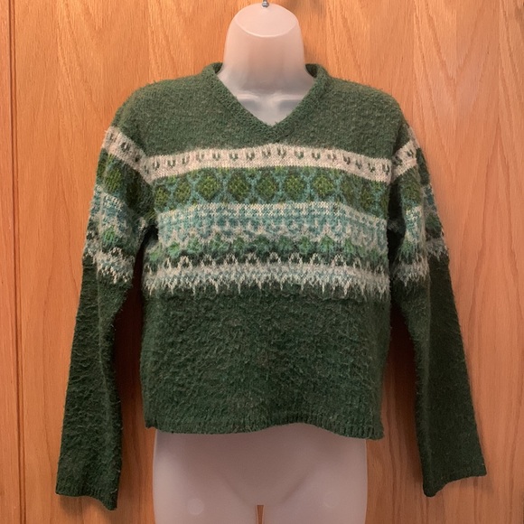 bulldog Sweaters - Vintage Y2K Wool Sweater 90s V Neck Cropped Fair Isle Bulldog Green Blue